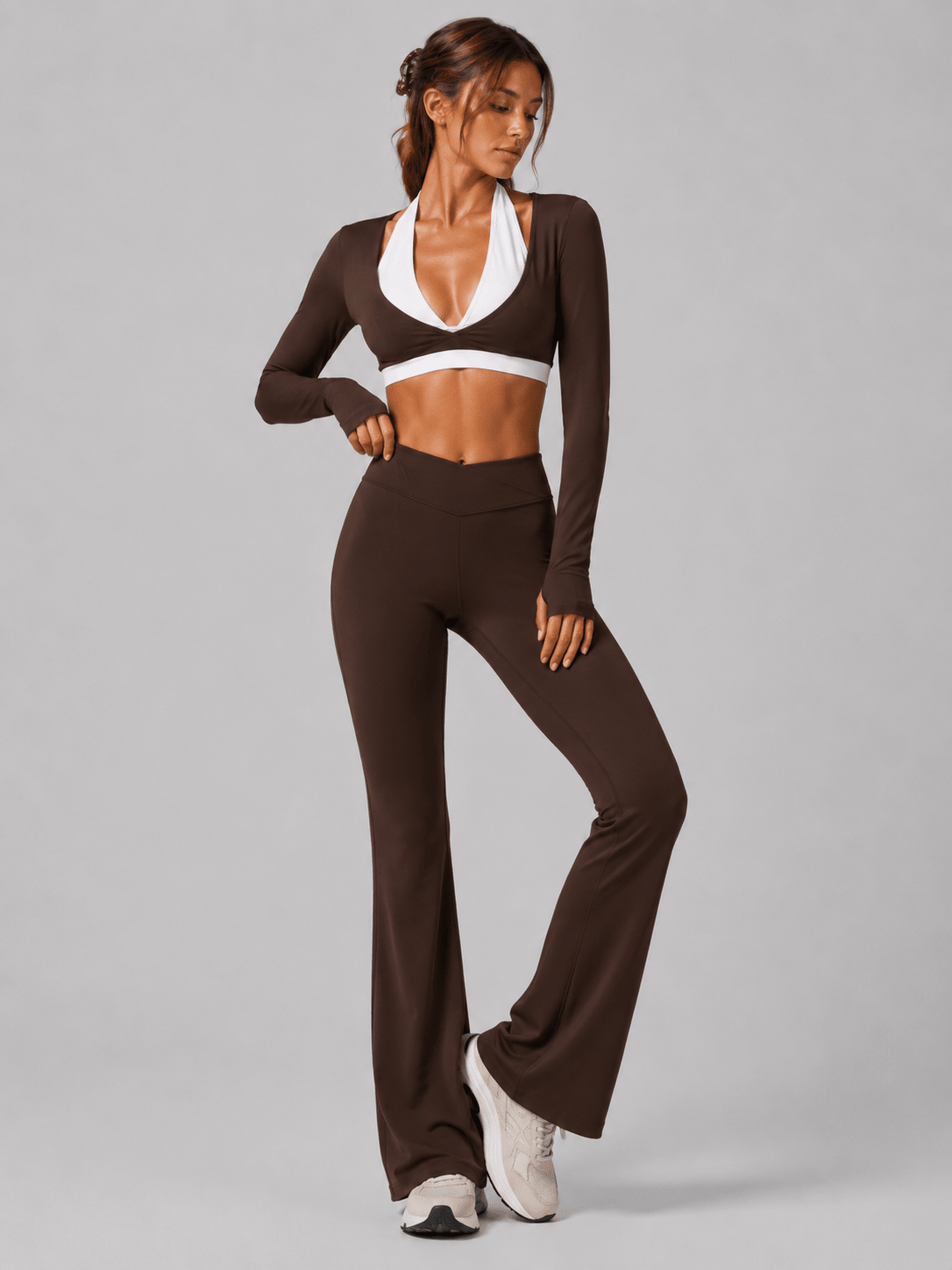 D0014 · Set Trío Deportivo Chocolate | Leggings Flare + Top Tiras + Buso - WHOLESALE VAB