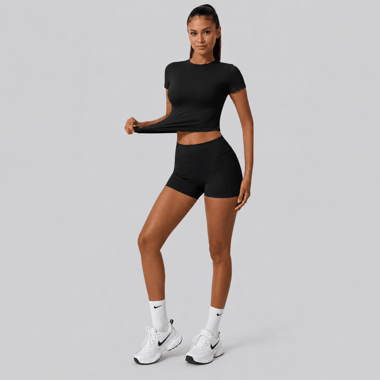 D0015 · Set Short Deportivo Negro | Pretina Anatómica & Top Camiseta - WHOLESALE VAB